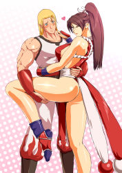 Rule 34 | 1boy, 1girl, andy bogard, ass, blonde hair, blue eyes, blush, breasts, brown hair, couple, embarrassed, fatal fury, heart, highres, holding, huge ass, japanese clothes, large breasts, leg grab, leg up, legs, lipstick, looking at viewer, makeup, muscular, one eye closed, ponytail, red lips, shiny skin, shiranui mai, sideboob, smile, snk, thighs, thong, wink