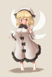 Rule 34 | 1girl, arinu, barefoot, blush, chestnut mouth, drill hair, fairy, fairy wings, highres, luna child, red eyes, solo, touhou, wings