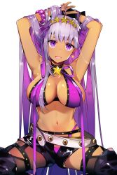 Rule 34 | 1girl, arms up, bb (fate), bb (fate), bb (swimsuit mooncancer) (fate), bead bracelet, beads, bikini, black footwear, black gloves, blush, boots, bracelet, breasts, earrings, fate/grand order, fate (series), fingerless gloves, garter belt, garter straps, gloves, hair ornament, highres, jewelry, large breasts, long hair, looking at viewer, micro shorts, nail polish, navel, open mouth, purple bikini, purple eyes, purple hair, short shorts, shorts, simple background, sitting, smile, solo, star (symbol), star earrings, star hair ornament, swimsuit, tan, tetsubuta, thigh boots, thighhighs, very long hair, white background
