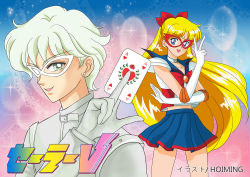 Rule 34 | 1boy, 1girl, ace (playing card), ace of hearts, aino minako, bishoujo senshi sailor moon, bishounen, blonde hair, blue eyes, blue sailor collar, bow, card, choker, commentary, copyright name, crescent, crescent facial mark, danburite, earrings, elbow gloves, facial mark, gloves, hair ribbon, heart, hoiming, japanese text, jewelry, kaitou ace, long hair, magical boy, mask, phantom thief, playing card, red bow, ribbon, sailor collar, sailor v, signature, skirt, text focus, translation request, very long hair, white hair