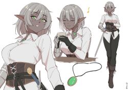 Rule 34 | 1girl, absurdres, black gloves, black pants, blush, boots, brown footwear, closed eyes, collared shirt, commentary, corset, cup, dark-skinned female, dark elf, dark skin, dress shirt, elf, english commentary, full body, gauntlets, gloves, green eyes, grey hair, hair between eyes, highres, holding, holding cup, jewelry, long sleeves, looking away, mawaridi, multiple views, musical note, necklace, one eye closed, original, pants, pointy ears, shirt, short hair, simple background, single gauntlet, sword, weapon, white background, white shirt, yvonne (mawaridi)