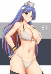 Rule 34 | 1girl, arcie albano, bikini, blue eyes, blue hair, breasts, cleavage, commentary request, cowboy shot, headgear, highres, kantai collection, large breasts, long hair, multicolored background, multicolored hair, navel, o-ring, o-ring bikini, o-ring top, solo, south dakota (kancolle), swimsuit, thighhighs, white bikini, wrist cuffs