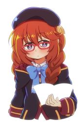 Rule 34 | 1girl, bad id, bad pixiv id, beret, black coat, black hat, blue bow, blush, book, bow, braid, brown hair, closed mouth, coat, collared shirt, cropped torso, glasses, hair between eyes, hat, holding, holding book, hood, hooded coat, long hair, open book, princess connect!, purple eyes, red-framed eyewear, shirt, simple background, solo, upper body, white background, white shirt, yuni (princess connect!), yuu kurema