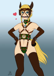 Rule 34 | 1girl, absurdres, animal ears, bdsm, bit gag, blonde hair, blue eyes, body harness, bondage, bondage harness, bound, braid, breasts, collar, cuffs, flat chest, gag, gagged, gloves, harness, head harness, highres, hyrule warriors, linkle, nintendo, pet, pet play, horse girl, pony play, small breasts, suichitanaka, the legend of zelda, thighhighs