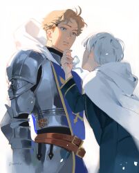 Rule 34 | 2boys, alfyn greengrass, armor, backlighting, blonde hair, blue eyes, cloak, cuirass, full armor, hand on another&#039;s chin, height difference, highres, hood, hooded cloak, light particles, looking at another, multiple boys, no headwear, octopath traveler, parted lips, short hair, therion (octopath traveler), twitter username, white background, white cloak, white hair, worvies
