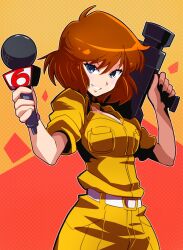 Rule 34 | 1girl, animification, april o&#039;neil, belt, blue eyes, breasts, brown hair, camera, cleavage, commentary, grin, highres, holding, holding camera, holding microphone, jumpsuit, light blush, looking at viewer, medium breasts, microphone, orange background, polka dot, polka dot background, reporter, sakurajyousui nami, short hair, short sleeves, smile, solo, teenage mutant ninja turtles, teenage mutant ninja turtles (80s), tv camera, white belt, yellow jumpsuit