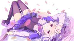 Rule 34 | 10s, 1girl, absolute duo, absurdres, blush, hair ribbon, hand on forehead, highres, long hair, long legs, looking at viewer, lying, on back, petals, purple eyes, ribbon, seneto, silver hair, solo, thighhighs, two side up, upside-down, yurie sigtuna, zettai ryouiki