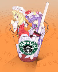 Rule 34 | 2girls, bad id, bad pixiv id, blonde hair, cup, embodiment of scarlet devil, fang, female focus, flandre scarlet, hat, highres, in container, in cup, kurokuro, long hair, mini person, minigirl, multiple girls, patchouli knowledge, ponytail, product placement, pun, purple eyes, purple hair, red eyes, short hair, side ponytail, starbucks, touhou, wings