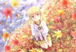 Rule 34 | 1girl, :o, autumn, autumn leaves, between legs, blonde hair, blunt bangs, blush, brown eyes, dappled sunlight, eyebrows, falling leaves, food, from above, full body, hair ornament, hairclip, hand between legs, holding, holding food, kousetsu, leaf, long hair, looking at viewer, maple leaf, miniskirt, nature, on ground, outdoors, pleated skirt, rosetta, rune factory, rune factory 1, rune factory frontier, seiza, shirt, shoes, sitting, skirt, solo, stream, sunlight, sweet potato, tree, triangle, water, yellow shirt