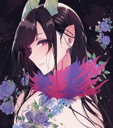 Rule 34 | 1girl, ane naru mono, brown hair, chiyo (ane naru mono), flower, highres, horizontal pupils, horns, long hair, looking at viewer, nude, pochi (pochi-goya), pointy ears, portrait, red eyes, rose, smile, solo, upper body