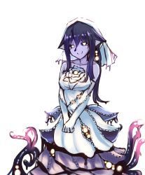 Rule 34 | 1girl, absurdres, black sclera, closed mouth, colored sclera, colored skin, commission, core, cowboy shot, dress, elbow gloves, eldritch abomination, extra eyes, gloves, hair between eyes, hexunart, highres, long hair, looking at viewer, monster girl, monster girl encyclopedia, purple hair, purple skin, shoggoth (monster girl encyclopedia), simple background, slime girl, smile, solo, standing, tentacles, v-shaped eyebrows, v arms, veil, wedding dress, white background, white dress, white gloves, yellow eyes