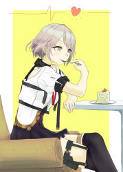 Rule 34 | 1girl, cake, commentary request, couch, eating, food, fruit, girls&#039; frontline, highres, nito (nshtntr), plate, silver hair, smile, solo, spoon, strawberry, table, thigh strap, thighhighs, vector (girls&#039; frontline), yellow eyes