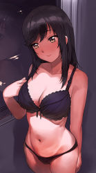 Rule 34 | 1girl, a1 (initial-g), adjusting clothes, bare shoulders, black bra, black hair, black panties, blush, bra, breasts, brown eyes, cleavage, collarbone, commentary request, from above, ichijou hotaru, large breasts, long hair, midriff, navel, non non biyori, panties, reflection, revision, smile, solo, standing, underwear, underwear only, window