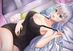 Rule 34 | 1girl, absurdres, aqua eyes, bed, bed sheet, black undershirt, blonde hair, blush, breasts, clothes pull, grey hair, heart, highres, large breasts, looking at viewer, lying, moe2021, navel, on back, open mouth, original, pillow, shirt, shirt pull, short hair, smile, solo, thighs, tyamiy1017, underwear, white hair, window