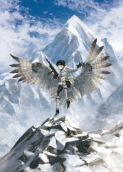 Rule 34 | 1girl, asterisk kome, coat, flying, gloves, goggles, goggles on head, gun, heterochromia, highres, landing, load bearing vest, low wings, military, military uniform, mountain, rock, shoes, snow, spiked footwear, spiked shoes, spikes, spread wings, submachine gun, suppressor, uniform, weapon, white coat, winged fusiliers, wings, winter clothes