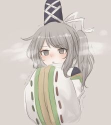 Rule 34 | 1girl, black hat, blush, grey background, grey eyes, grey hair, hands in opposite sleeves, hat, highres, japanese clothes, kariginu, long hair, mononobe no futo, parted lips, pipita, ponytail, sleeves past fingers, sleeves past wrists, solo, tate eboshi, thighhighs, touhou, upper body, wide sleeves