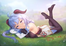 Rule 34 | 1girl, ahoge, artist name, bare shoulders, black gloves, black pantyhose, blue hair, blurry, blurry background, blush, bodystocking, breasts, closed mouth, day, depth of field, detached sleeves, feet up, flower knot, full body, ganyu (genshin impact), genshin impact, gigamessy, gloves, grass, head rest, horns, long hair, long sleeves, looking at viewer, lying, medium breasts, no shoes, on grass, on ground, on stomach, outdoors, pantyhose, purple eyes, red ribbon, ribbon, smile, solo, tassel, very long hair, watermark, web address