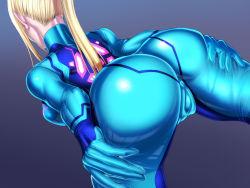 Rule 34 | 1girl, artist request, ass, blonde hair, bodysuit, cameltoe, covered anus, from behind, metroid, nintendo, ponytail, samus aran, simple background, skin tight, solo, zero suit