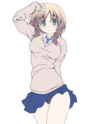 Rule 34 | 1girl, arm behind back, arm up, black panties, blue necktie, blue skirt, blush, breasts, brown hair, closed mouth, clothes lift, cowboy shot, dress shirt, frown, green eyes, grey sweater, kikuchi tsutomu, long sleeves, looking at viewer, medium breasts, medium hair, miniskirt, necktie, original, panties, pantyshot, pleated skirt, school uniform, shirt, simple background, skirt, skirt lift, solo, standing, sweatdrop, sweater, underwear, v-neck, white background, white shirt, wind, wind lift, wing collar