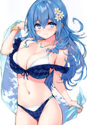 Rule 34 | 1girl, absurdres, bare shoulders, bikini, blue eyes, blue hair, blush, bow, bowtie, bracelet, breasts, cleavage, closed mouth, collarbone, cu-no, fingernails, flower, frills, hair flower, hair ornament, highres, hisen kaede, holding, holding towel, jewelry, kohitsuji ai, large breasts, long hair, looking at viewer, nail polish, navel, necklace, scan, simple background, smile, solo, stomach, swimsuit, thighs, towel