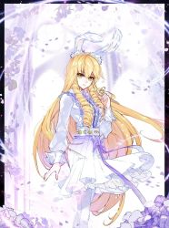 Rule 34 | 1girl, animal ears, blonde hair, cover, cover page, douluo dalu, dress, drill hair, drill sidelocks, falling petals, flower, hand in own hair, hei zhi shi, highres, jiang nannan (douluo dalu), long sleeves, official art, petals, rabbit ears, sidelocks, smile, solo, thighhighs, third-party source, upper body, white dress, yellow eyes