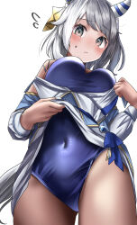 Rule 34 | 1girl, absurdres, animal ears, blue one-piece swimsuit, breasts, closed mouth, clothing cutout, competition school swimsuit, covered navel, cowboy shot, ear covers, grey hair, highres, hishi miracle (umamusume), horse ears, horse girl, horse tail, large breasts, looking at viewer, medium hair, one-piece swimsuit, po musubi, school swimsuit, simple background, single vertical stripe, solo, swimsuit, swimsuit under clothes, tail, tail through clothes, tracen swimsuit, umamusume, wavy mouth, white background, yellow eyes