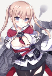Rule 34 | 10s, 1girl, bad id, bad pixiv id, blue eyes, blush, breasts, cleavage, crossed arms, female focus, gloves, graf zeppelin (kancolle), kantai collection, large breasts, long sleeves, looking at viewer, open clothes, open shirt, pantyhose, serious, shirt, skirt, solo, torn clothes, torn pantyhose, twintails, uniform, yuzu-aki