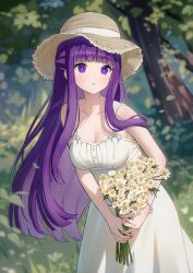 Rule 34 | 1girl, alternate costume, blunt bangs, blurry, blurry background, blush, breasts, cleavage, commentary, cowboy shot, day, dress, fern (sousou no frieren), flower, forest, hat, highres, holding, holding flower, long hair, medium breasts, nami (nyaa), nature, outdoors, parted lips, purple eyes, purple hair, sleeveless, sleeveless dress, solo, sousou no frieren, standing, straight hair, sun hat, very long hair, white dress