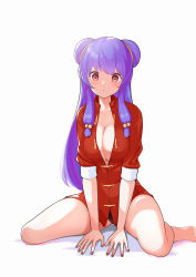 Rule 34 | 1girl, absurdres, blush, borrowed clothes, breasts, cleavage, collarbone, commentary request, double bun, full body, hair bobbles, hair bun, hair ornament, highres, itou kazuki, long hair, looking at viewer, medium breasts, nail polish, panties, purple eyes, purple hair, ranma 1/2, red shirt, shampoo (ranma 1/2), shirt, sidelocks, simple background, sitting, sleeves rolled up, takahashi rumiko (style), thighs, underwear, very long hair, wariza, white background