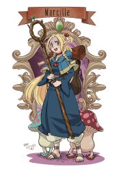 Rule 34 | 1girl, 2024, absurdres, backpack, bag, blonde hair, braid, brown bag, character name, choker, dungeon meshi, elf, highres, holding, liricolilium, long hair, long sleeves, looking at viewer, marcille donato, mushroom, pointy ears, red choker, robe, simple background, solo focus, standing, sweat, white background