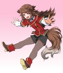 Rule 34 | 1girl, blazer, boots, bow, brown hair, character request, copyright request, gradient background, highres, jacket, long hair, miniskirt, mita kurumi, multicolored tail, open mouth, outstretched hand, pantyhose, pink background, red eyes, skirt, solo, tail