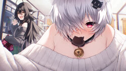 Rule 34 | 2girls, :d, absurdres, ahoge, animal ear fluff, animal ears, bare shoulders, bell, black collar, black hair, black sweater, blurry, blurry background, blush, candy, cat hair ornament, chocolate, chocolate heart, collar, fang, food, food in mouth, grey hair, hair ornament, hair over one eye, hasumi (hasubatake39), heart, highres, indoors, kuon (hasumi (hasubatake39)), looking at viewer, multiple girls, neck bell, off shoulder, open mouth, original, red eyes, setsuna (hasumi (hasubatake39)), short hair, smile, sweater, tail, white sweater, yellow eyes