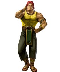Rule 34 | 1boy, arm behind head, armband, bare arms, beard, belt, brown eyes, collarbone, dorcas (fire emblem), expressionless, eyebrows, facial hair, fire emblem, fire emblem: the blazing blade, fire emblem heroes, full body, green pants, hand on own hip, highres, lips, loincloth, male focus, manly, muscular, nintendo, nose, official art, pants, realistic, red hair, sandals, shirt, short hair, soeda ippei, solo, tank top, toenails, toes, transparent background, wristband, yellow shirt