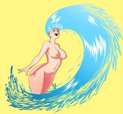 Rule 34 | 1girl, absurdly long hair, artist name, blue hair, blue nails, blush, borrowed character, breasts, collarbone, commentary, cowboy shot, cropped legs, english commentary, closed eyes, happy, kelda (akairiot), kitsune23star, large breasts, liquid hair, long hair, medium breasts, nail polish, navel, nipples, nude, open mouth, original, shadow, signature, simple background, smile, solo, splashing, standing, very long hair, water, yellow background