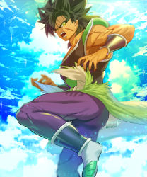 Rule 34 | 1boy, bara, black hair, broly (dragon ball super), cloud, cloudy sky, dragon ball, dragon ball super, dragon ball super broly, facial scar, fighting stance, foot out of frame, from side, highres, knee up, looking at viewer, male focus, medium hair, muscular, muscular male, pants, pectorals, saiyan armor, scar, scar on cheek, scar on face, skin tight, sky, solo, spiked hair, tarutobi, thighs, tight clothes, tight pants, yellow eyes