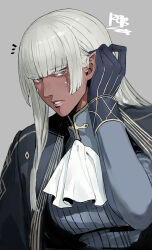 1girl ascot black_cloak blunt_bangs breasts brigitta_(metaphor:_refantazio) cloak colored_eyelashes dark-skinned_female dark_skin facial_mark gloves grey_eyes grey_shirt highres large_breasts long_hair long_sleeves looking_at_viewer metaphor:_refantazio parted_lips peperon_(peperou) pointy_ears shirt sidelocks solo white_hair