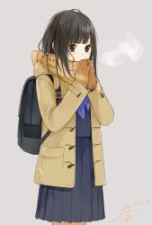 Rule 34 | 1girl, absurdres, backpack, bag, black eyes, black hair, blue eyes, blue neckerchief, blue shirt, blue skirt, blunt bangs, blush, breath, brown jacket, coat, covered mouth, cowboy shot, dated, duffel coat, enpera, gloves, grey background, highres, hood, hood down, jacket, long hair, long sleeves, looking at viewer, neckerchief, open clothes, open coat, orange gloves, orange scarf, original, own hands together, pleated skirt, sako (35s 00), scarf, scarf over mouth, school uniform, serafuku, shirt, signature, simple background, skirt, solo, standing, tareme, w arms