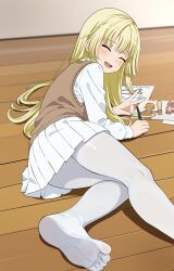 Rule 34 | 1girl, :d, absurdres, bang dream!, blonde hair, blush, child&#039;s drawing, closed eyes, commentary, drawing, english commentary, facing viewer, feet, fries vanquisher, highres, long hair, long sleeves, lying, on floor, on side, open mouth, pantyhose, pen, pleated skirt, shirt, skirt, smile, soles, solo, sweater vest, thighs, toes, tsurumaki kokoro, upper body, v, white pantyhose, white shirt, white skirt, wooden floor