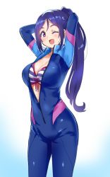 Rule 34 | 10s, 1girl, arms behind head, arms up, bikini, blue background, blue hair, blush, bodysuit, breasts, collarbone, diving suit, front-tie bikini top, front-tie top, gradient background, jumpsuit, kurokawa makoto, long hair, looking at viewer, love live!, love live! school idol festival, love live! sunshine!!, matsuura kanan, one eye closed, open bodysuit, open clothes, ponytail, purple eyes, shiny clothes, simple background, skin tight, smile, solo, standing, striped bikini, striped clothes, swimsuit, two-tone background, unzipped, wetsuit, white background