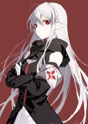 Rule 34 | 1girl, arknights, armband, bare shoulders, black dress, braid, breasts, cleavage, closed mouth, cowboy shot, crossed arms, crown braid, detached sleeves, dress, highres, long hair, long sleeves, looking at viewer, pointy ears, red background, red eyes, shi-chen, silver hair, simple background, slit pupils, small breasts, solo, v-shaped eyebrows, very long hair, warfarin (arknights)
