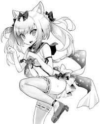 Rule 34 | 1girl, animal ear fluff, animal ears, arm ribbon, ass, azur lane, blush, bow, cat ears, fang, frilled skirt, frills, from side, greyscale, hair bow, highres, hori (hori no su), medium hair, midriff, miniskirt, monochrome, navel, open mouth, paw pose, ribbon, rudder footwear, sailor collar, sidelocks, simple background, skin fang, skirt, solo, standing, standing on one leg, surprised, suspender skirt, suspenders, sweatdrop, thighhighs, thighs, twintails, white background, yukikaze (azur lane)