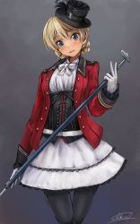 Rule 34 | 10s, 1girl, alternate costume, bad id, bad pixiv id, black pantyhose, blonde hair, blue eyes, blush, bow, bowtie, braid, cane, corset, cowboy shot, darjeeling (girls und panzer), dress, formal, girls und panzer, gloves, gradient background, hat, hat feather, head tilt, highres, holding, jacket, lace, lace-trimmed dress, lace trim, looking at viewer, military jacket, pantyhose, purple background, signature, simple background, skirt, skirt set, smile, solo, solokov (okb-999), standing, top hat, white gloves