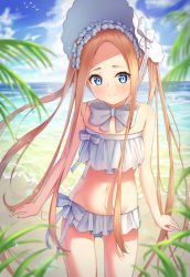 Rule 34 | 1girl, abigail williams (fate), abigail williams (swimsuit foreigner) (third ascension) (fate), absurdres, beach, bikini, bird, blonde hair, blue eyes, blurry, blush, bow, closed mouth, cowboy shot, fate/grand order, fate (series), female focus, flat chest, forehead, frilled bikini, frills, groin, hair bow, hat, highres, leaf, long hair, looking at viewer, navel, ocean, parted bangs, sayu (mini 2704), sky, smile, solo, sparkle, stomach, swimsuit, thigh gap, water, white bow, white hat