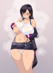 Rule 34 | 1990s (style), 1girl, bare shoulders, belt, black hair, blush, breasts, cameltoe, clothes lift, collarbone, cowboy shot, elbow gloves, elbow pads, female pubic hair, final fantasy, final fantasy vii, fingerless gloves, gloves, hair tubes, heavy breathing, highleg, highleg panties, highres, kiyama satoshi, large breasts, lifting own clothes, long hair, looking at viewer, low-tied long hair, microskirt, navel, nipples, nose blush, open mouth, panties, pencil skirt, pubic hair, pubic hair peek, purple gloves, red eyes, retro artstyle, see-through, see-through silhouette, shirt, shirt lift, skirt, solo, standing, steam, stomach, suspender skirt, suspenders, sweat, tank top, taut clothes, taut shirt, tifa lockhart, underwear, very long hair, white panties, wide hips