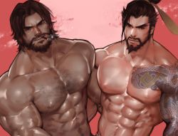 Rule 34 | 2boys, bara, beard, body hair, cassidy (overwatch), facial hair, hanzo (overwatch), looking at viewer, male focus, multiple boys, muscular, nipples, overwatch, overwatch 1, pectorals, smile, tattoo, yy6242