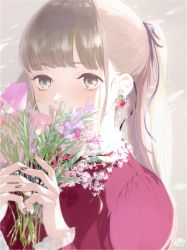Rule 34 | 1girl, black nails, blunt bangs, blush, bouquet, brown background, brown eyes, brown hair, closed mouth, commentary request, dress, earrings, flower, frilled sleeves, frills, glint, hair ribbon, holding, holding bouquet, holding flower, jewelry, long hair, long sleeves, looking at viewer, mosuko, nail polish, original, pink nails, ponytail, purple ribbon, red dress, ribbon, signature, simple background, smile, solo, upper body