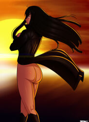 Rule 34 | 1girl, ass, back, black coat, black footwear, black hair, blue eyes, boots, bottomless, breasts, coat, crossed arms, dimples of venus, exhibitionism, eyebrows, female focus, floating hair, from behind, highres, huge ass, kill la kill, kiryuuin satsuki, knee boots, large breasts, legs, long hair, looking away, naked coat, neck, no panties, no pants, nude, outdoors, profile, public indecency, serious, shiny skin, sidelocks, signature, sky, standing, sun, sunset, thighs, thighs together, trench coat, walkingdeadmann, wind, wind lift