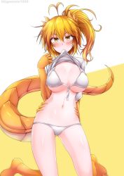 Rule 34 | 1girl, absurdres, antenna hair, arisa (g (genesis1556)), bikini, blush, breasts, cleavage, clothes in mouth, clothes lift, colored skin, dragon girl, dragon horns, dragon tail, g (genesis1556), gluteal fold, hair between eyes, highres, horns, kneeling, large breasts, long hair, looking at viewer, micro bikini, monster girl, mouth hold, navel, orange eyes, orange hair, original, shirt in mouth, shirt lift, side ponytail, simple background, solo, swimsuit, tail, untied bikini, white bikini