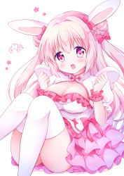 Rule 34 | 1girl, animal ears, ass, blush, bow, breasts, chiika (cure cherish), china dress, chinese clothes, cleavage, cleavage cutout, clothing cutout, double bun, dress, feet out of frame, hair bow, hair bun, large breasts, layered skirt, long hair, open mouth, original, pink eyes, pink hair, rabbit ears, scrunchie, sitting, skirt, solo, thighhighs, two side up, white thighhighs