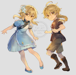 Rule 34 | 1boy, 1girl, aether (genshin impact), aged down, ahoge, alternate costume, artist name, blonde hair, blue dress, blue footwear, boots, braid, brother and sister, brown footwear, brown shirt, brown shorts, buttons, child, chinese clothes, clenched hands, closed mouth, commentary request, dress, flower, full body, fushitasu, genshin impact, grey background, hair between eyes, hair flower, hair ornament, hair ribbon, hands up, long hair, looking at viewer, low-braided long hair, low-tied long hair, lumine (genshin impact), puffy short sleeves, puffy sleeves, ribbon, shirt, shoes, short hair, short sleeves, shorts, siblings, sidelocks, simple background, smile, sparkle print, standing, white flower, white ribbon, yellow eyes
